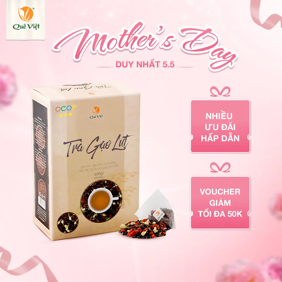 Trà gạo lứt Quê Việt hộp 600g ( 20 túi x30g) Nước Trà Tea Chè