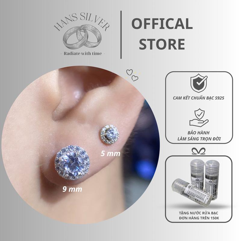 Khuyên tai hoa tai nụ tròn nam nữ đính đá chất liệu bạc S925 Hans Silver KTHA120118