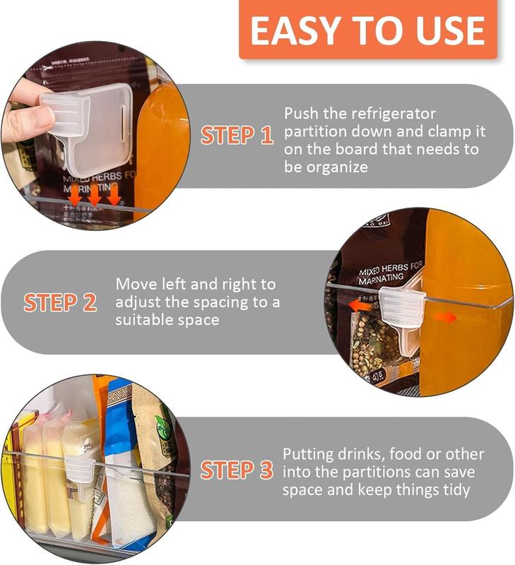 Refrigerator Storage Divider, 4Pcs Adjustable Snap-on Fridge Door Shelf Dividers Organizer Bins Partition Clear Plastic Container Separator Portable Drawer Separators Board for Kitchen Home Office 3