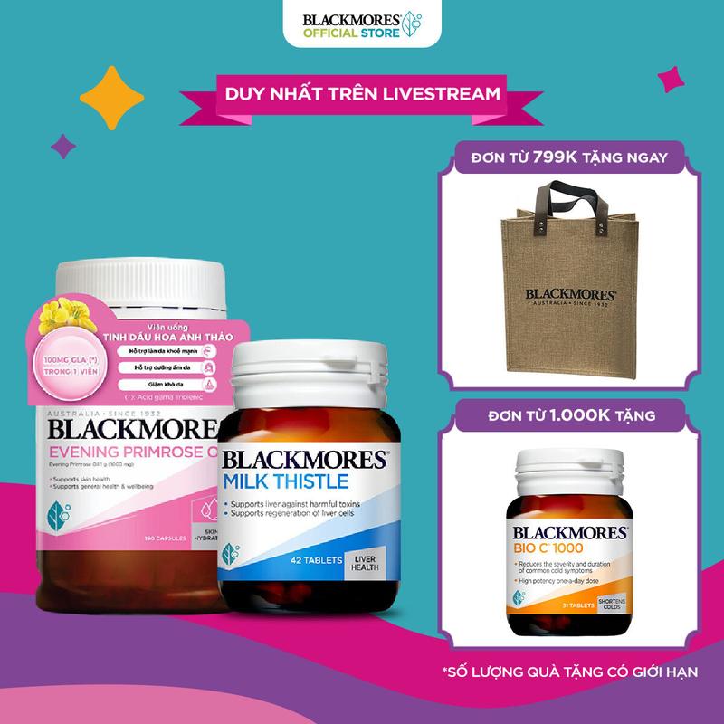 Combo Tinh Dầu Hoa Anh Thảo Hỗ Trợ Cân Bằng Nội Tiết Tố BLACKMORES Evening Primrose Oil Lọ 190 Viên và Viên Uống Hỗ Trợ Bảo Vệ Và Phục Hồi Tế Bào Gan BLACKMORES Milk Thistle Lọ 42 Viên