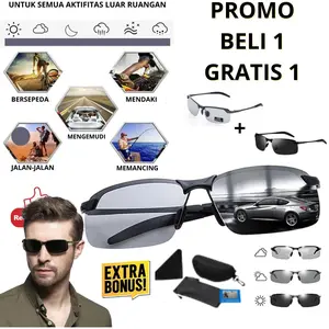 DeepHook Kacamata Polarized Pria Original Photocromic Anti Silau Siang Malam Bonus Box Sarung Tester Card Kain Microfiber untuk Mancing Bersepeda Grey Lensa Eyewear Beli 1 gratis 1