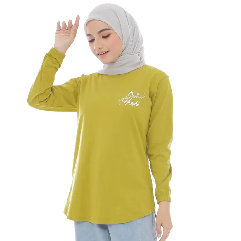 Atasan Wanita Jaya Fashion Top Lengan Kerut Katun Combed Warna Baru - Kaos Panjang Oval Model Hayylik Tanpa Ban Pinggang - Polos, Muslim, Sablon Oversize Basic 5