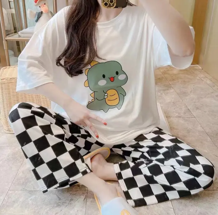 Baju Tidur Wanita Piyama Lengan Pendek Celana Panjang Setelan Tidur Dewasa Remaja 6