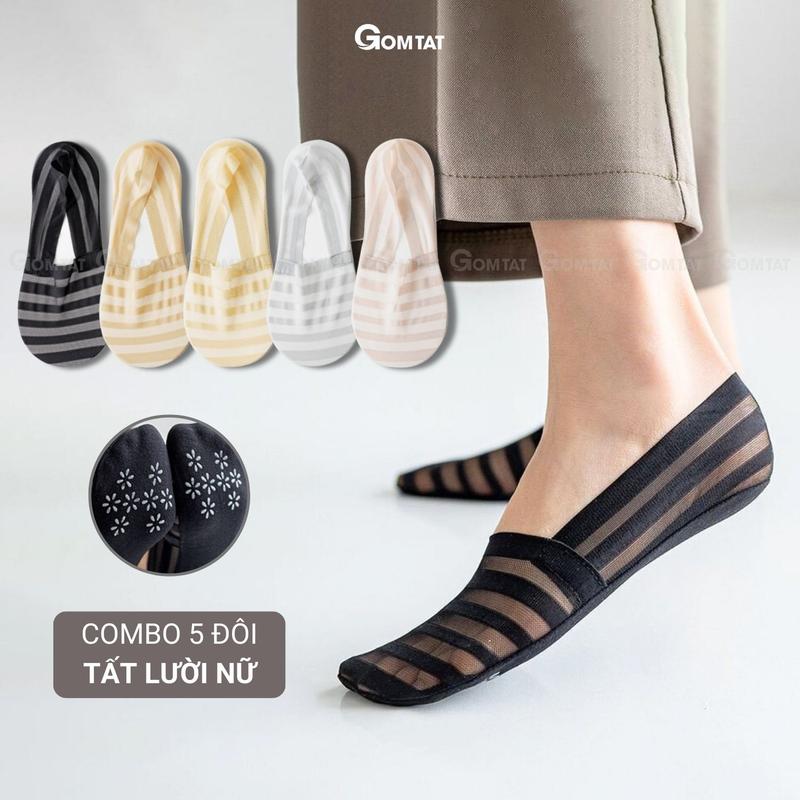  Set 5 đôi tất tàng hình nữ họa tiết sọc ngang vớ lười nữ chất liệu cotton cao cấp hút ẩm thoáng khí có đệm chống tuột gót  Women  - D16-A075 