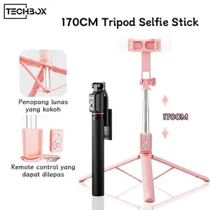 Tech 170CM Tongsis Tripod Bluetooth Selfie Stick Portabel HP Holder Stainless Steel Tripod Mini Lampu LED untuk Konten Kreator Vlog Live
