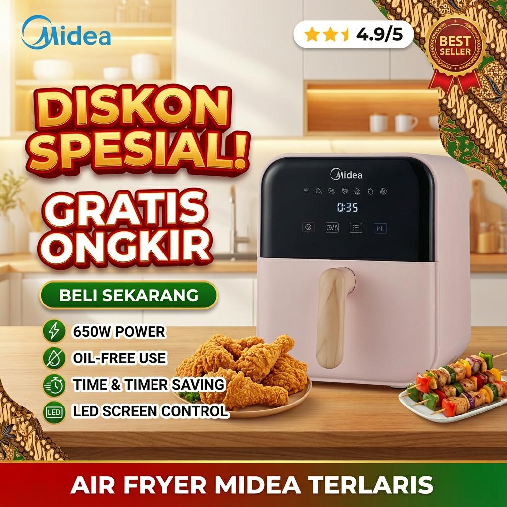 【Promo Ramadan】Midea Air Fryer 650W Hemat Energi Kapasitas Besar 4L Menggoreng Sehat Tanpa Minyak Kontrol Layar LED Timer Aman GARANSI 1 TAHUN
