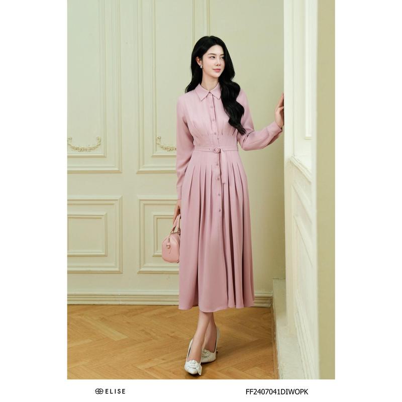  Đầm hồng chân xếp ly đai eo FF2407041DIWOPK 