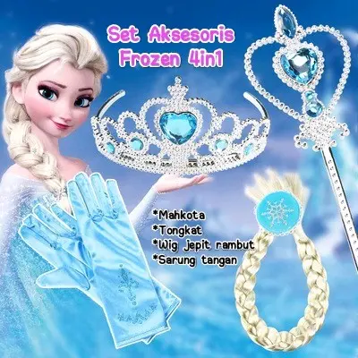 SET 4IN1 BANDO MAHKOTA + RAMBUT KEPANG + TONGKAT + SARUNG TANGAN FROZEN PRINCESS FROZEN ELSA ANNA Bando Klip KEKINIAN BANDO RAMBUT KEPANG JEPIT / ACCEESORIES PESTA ULANG TAHUN PENTAS KARNAVAL  Kostum Anak Cantik Aksesoris 1