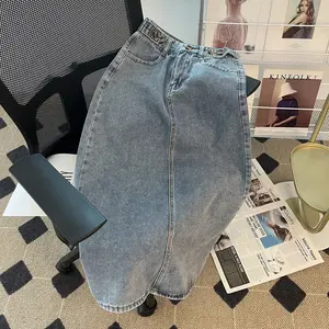 【Luck wanita】Rok Jeans Wanita Kembali Split Rok Jeans Wanita A-Line Rok Jeans Wanita