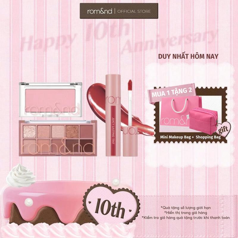 Combo 3 Món Gồm: 1 Son Tint Bóng Juicy Lasting Tint + 1 Bảng Phấn Mắt 10 Màu Lấp Lánh Romand Better Than Palette + 1 Phấn Má Hồng Dạng Nén Romand Better Than Cheek/ Má Hồng Kem Romand Dạng Lăn Juicy Roll Cheek 8.4g