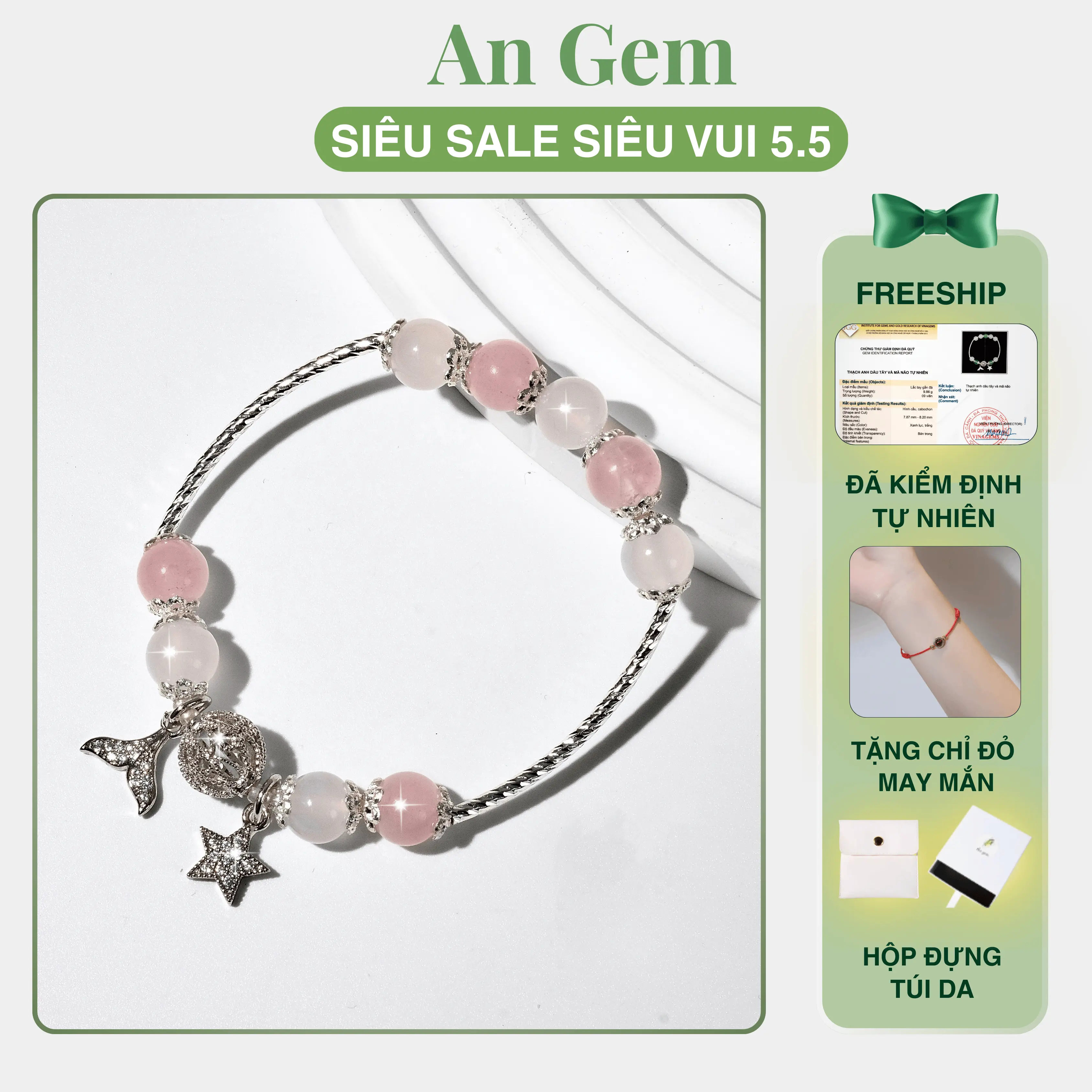 Vòng tay đá An Gem hồng mix trắng full charm, lắc tay nữ đá tự nhiên phụ kiện đeo tay tinh tế quà tặng sinh nhật giáng sinh Noel Tết Valentine [TẶNG VÒNG CHỈ ĐỎ]