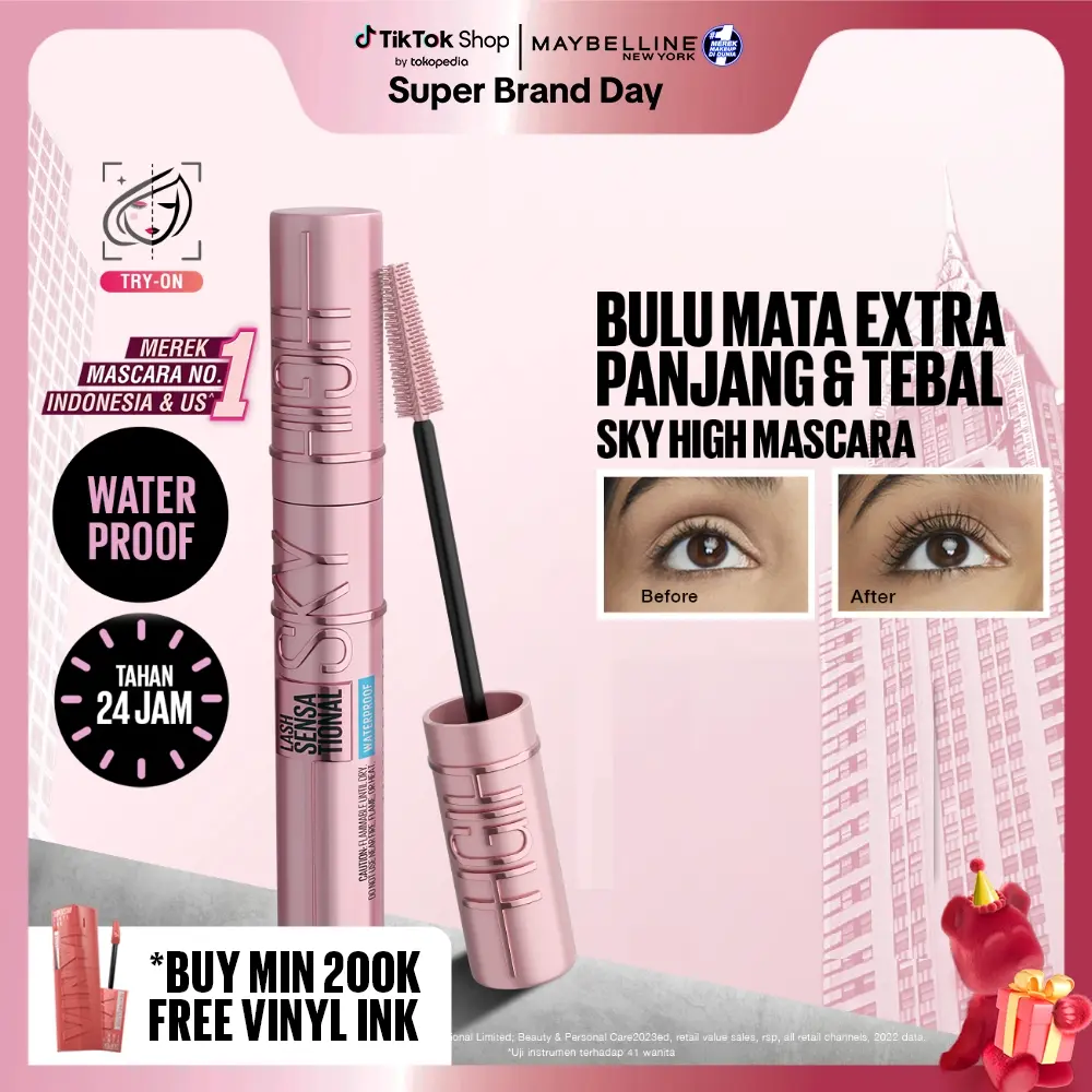 MAYBELLINE Sky High Waterproof Mascara 6ml - Maskara Eye Make up Black Bulu Mata Panjang Tebal Tahan 24 Jam
