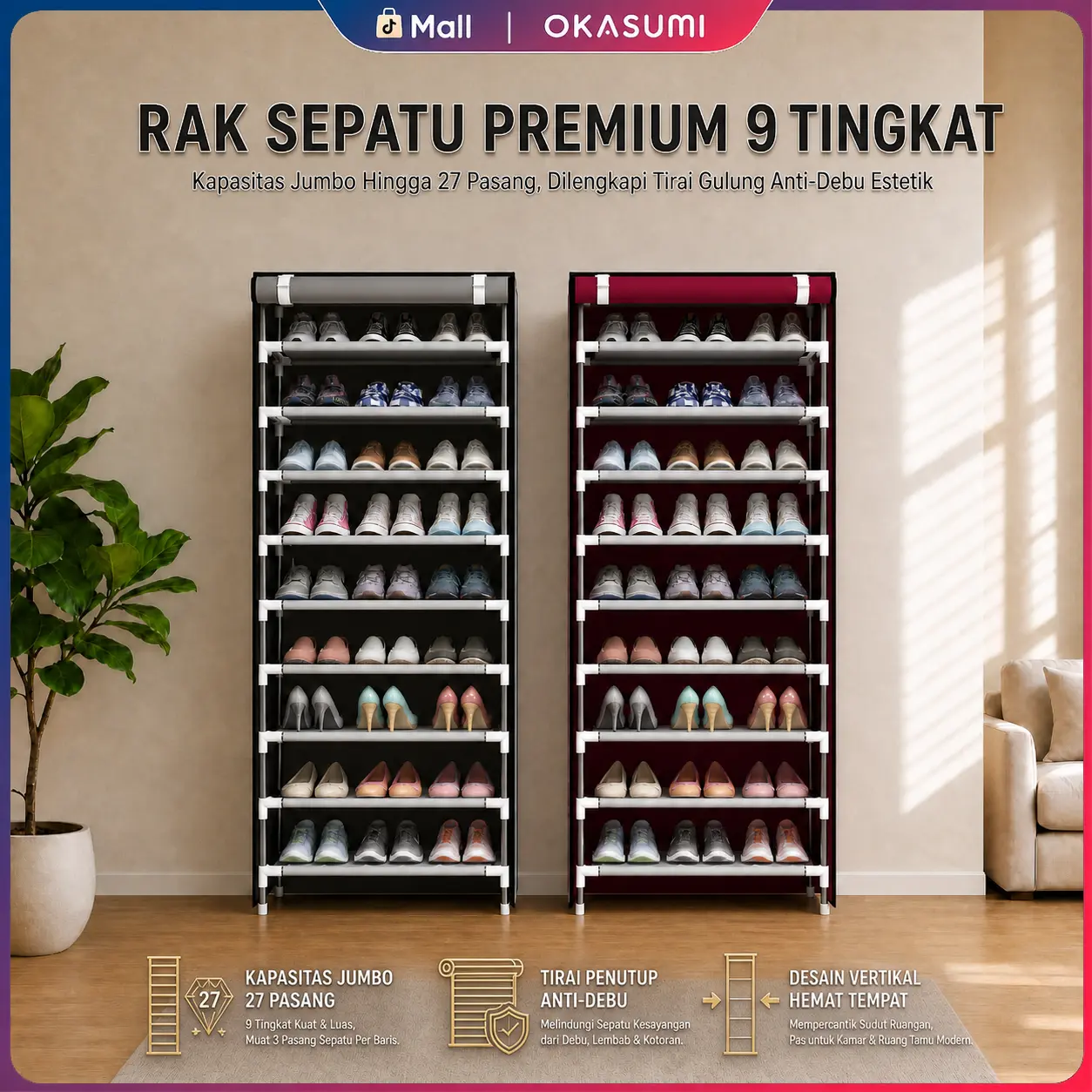 OKASUMI Rak Sepatu 9 Tingkat Penyimpanan Sepatu  Portable rak susun serbaguna  resleting rak tempat menyimpan sepatu rak  sepatu Cover Debu