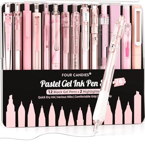 Bộ Bút Mực Gel Màu Pastel Bốn Kẹo 12 Cái, Có Hộp Đựng, Thiết Kế Dễ Thương, Có Thể Thu Vào, Điểm Mịn 0,5Mm, 11 Cái Bút Mực Đen, Với 1 Cái Bút Bút Bắt Sáng, Bút Thẩm Mỹ, Thích Hợp Cho Trường Học, Học Sinh Ghi Chú, Viết, Đồ Dùng Văn Phòng