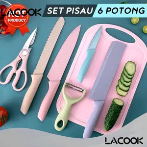 Pisau Dapur Set Telenan 5 In 1 Pisau Talenan Gunting Dapur Stainless Steel Warna Pisau Daging Pisau Sayur Cutting Board, Gunting Peralatan Dapur Baja Kitchenware