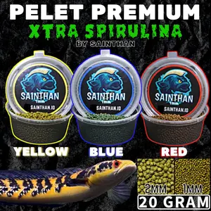 Pelet Premium BLUE, YELLOW, RED 20 Gram Extra Spirulina Ikan Predator 2mm dan 1mm Untuk ikan Channa, Louhan, Oscar, Arwana, blue pulchra, ys, auranti