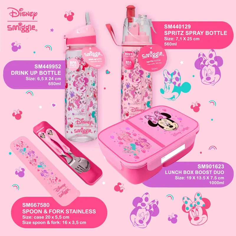 SMIGGLE X DISNEY MICKEY MINNIE DRINK UP /SPRAY BOTTLE/ LUNCHBOX/SPOON SET 4