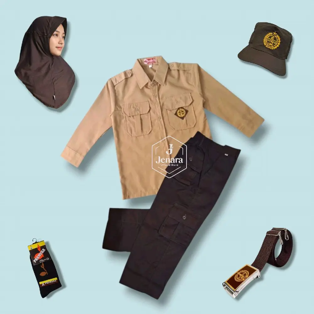 Jenara Setelan Seragam Sekolah Pramuka Penggalang Anak SD Laki-Laki Dan Perempuan Baju Lengan Panjang Celana PDL Panjang Kelas 1-6 dengan Topi Ikat Pinggang dan Kaos Kaki - Fashion