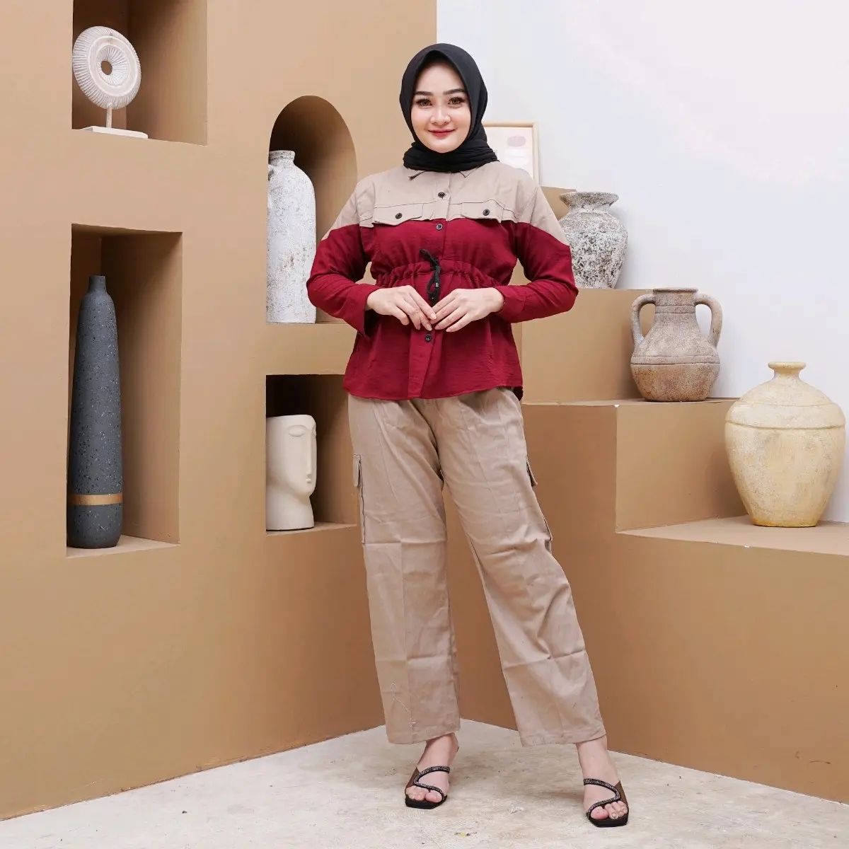 Setelan Celana Cargo Serut Kekinian - Twill Streat, All Size Fit to XL-XXL, Standar - Tangan, Muslim Baju Panjang