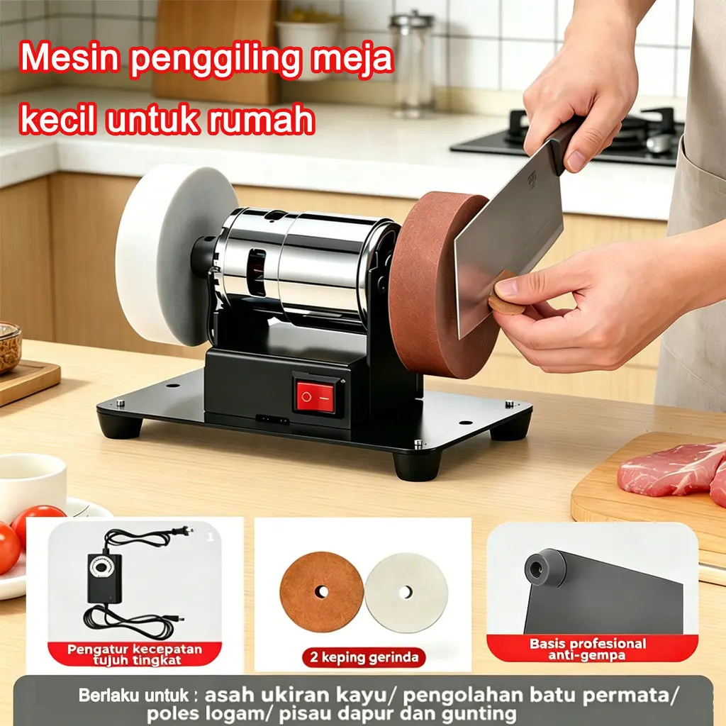 Mini Mesin Gerinda Meja 100W Penggerindaan Kasar dan Halus dengan Roda Gerinda Ganda Kiri Kanan