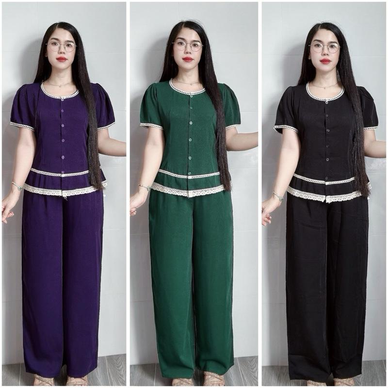  Đồ Bộ Nữ Phối Ren Tay Ngắn Quần Dài Ống Suông Chất Đũi Lạnh Mềm Mát Thích Hợp Cho Mọi Lứa tuổi 