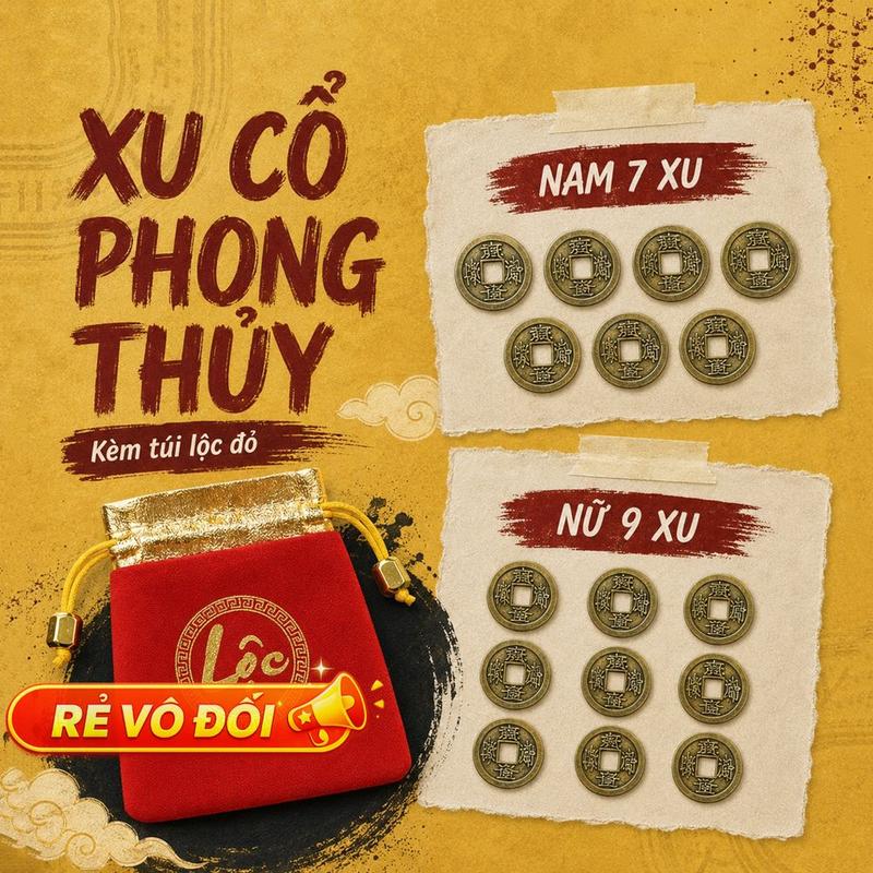 COMBO 7 Đồng Xu và 9 Đông Xu Âm Dương Phong Thủy