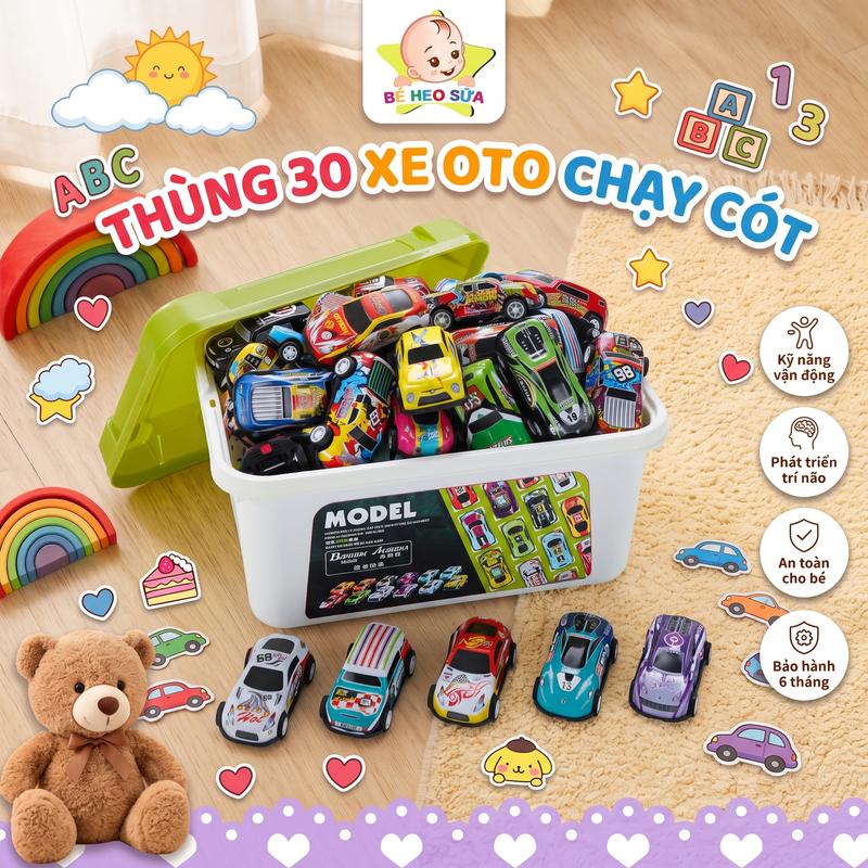 Thùng 30 ô tô đồ chơi cho bé chạy đà cót bằng hợp kim sắt bền bỉ, chống va đập loại có thùng đựng to