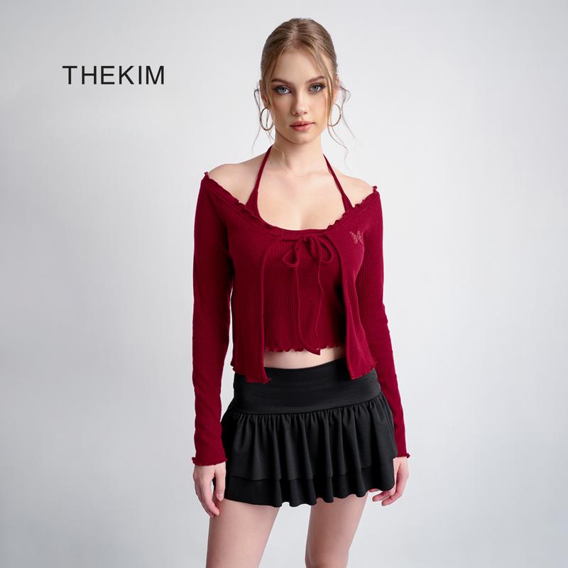    XẢ HÀNG   THEKIM Set áo cardigan dài tay buộc dây  kèm áo cổ yếm  áo len tăm dài tay 2 chi tiết T313 