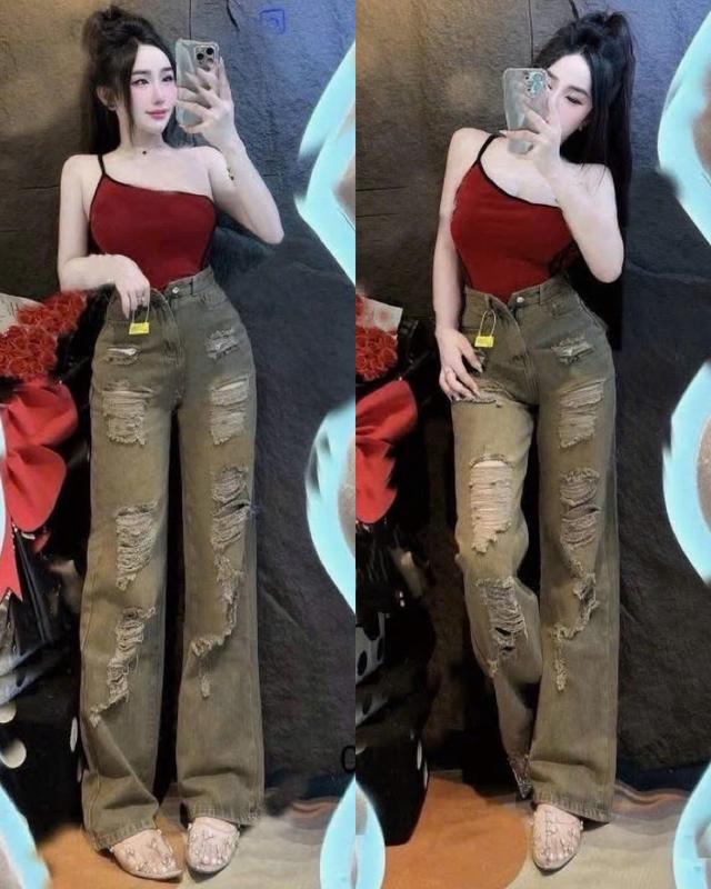 S-XXL DÀI 103CM Quần Jeans Suông Ống Rộng Rách Bụi Phong Cách,Quần Jeans Nữ Cạp Cao Siêu Hack Dáng Pants Denim