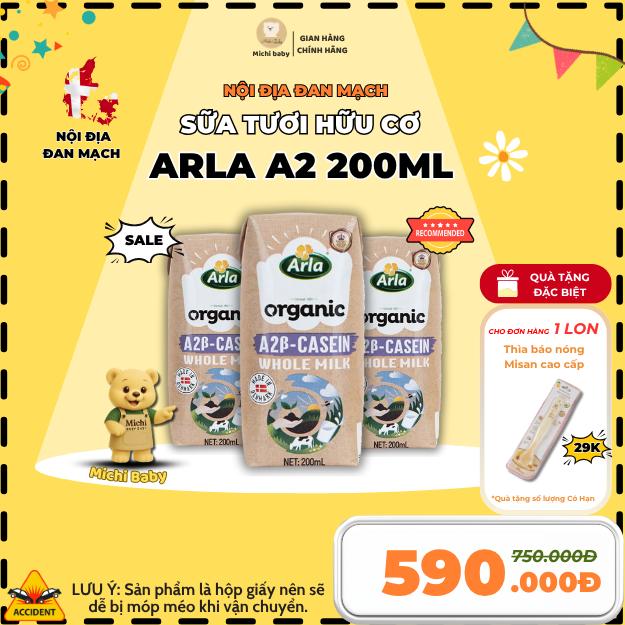 SUPERDEAL- 1 Thùng 20 Hộp Sữa Tươi UHT Hữu Cơ Đạm A2 Arla Đan Mạch 200ml - Michi Baby MC888