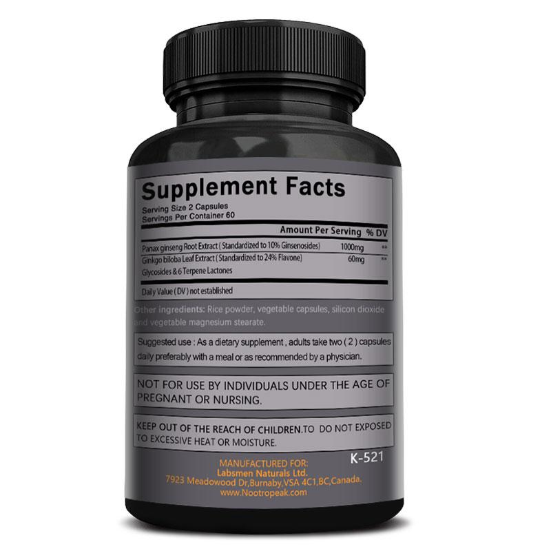 Panax Ginseng + Ginkgo Biloba Capsules Supplements - Memory.Energy. Hormones.  - 30/60/120 Capsules 6