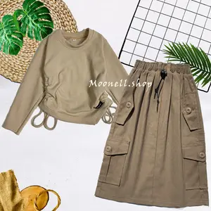 SETELAN KEKINIAN ANAK PEREMPUAN/ ROK CARGO KATUN/ KAOS SERUT PANJANG ANAK