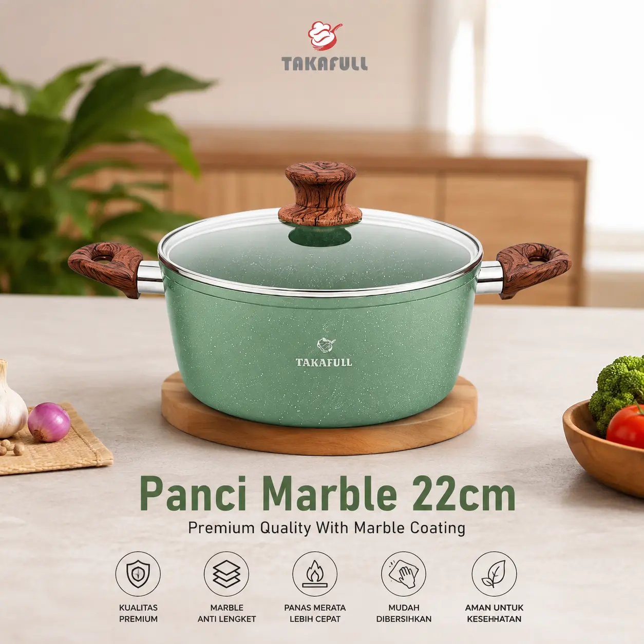 TAKAFULL Panci Marble 22cm Premium – Non Stick Marble Coating | Tutup Kaca | Single Bottom Kompor Gas