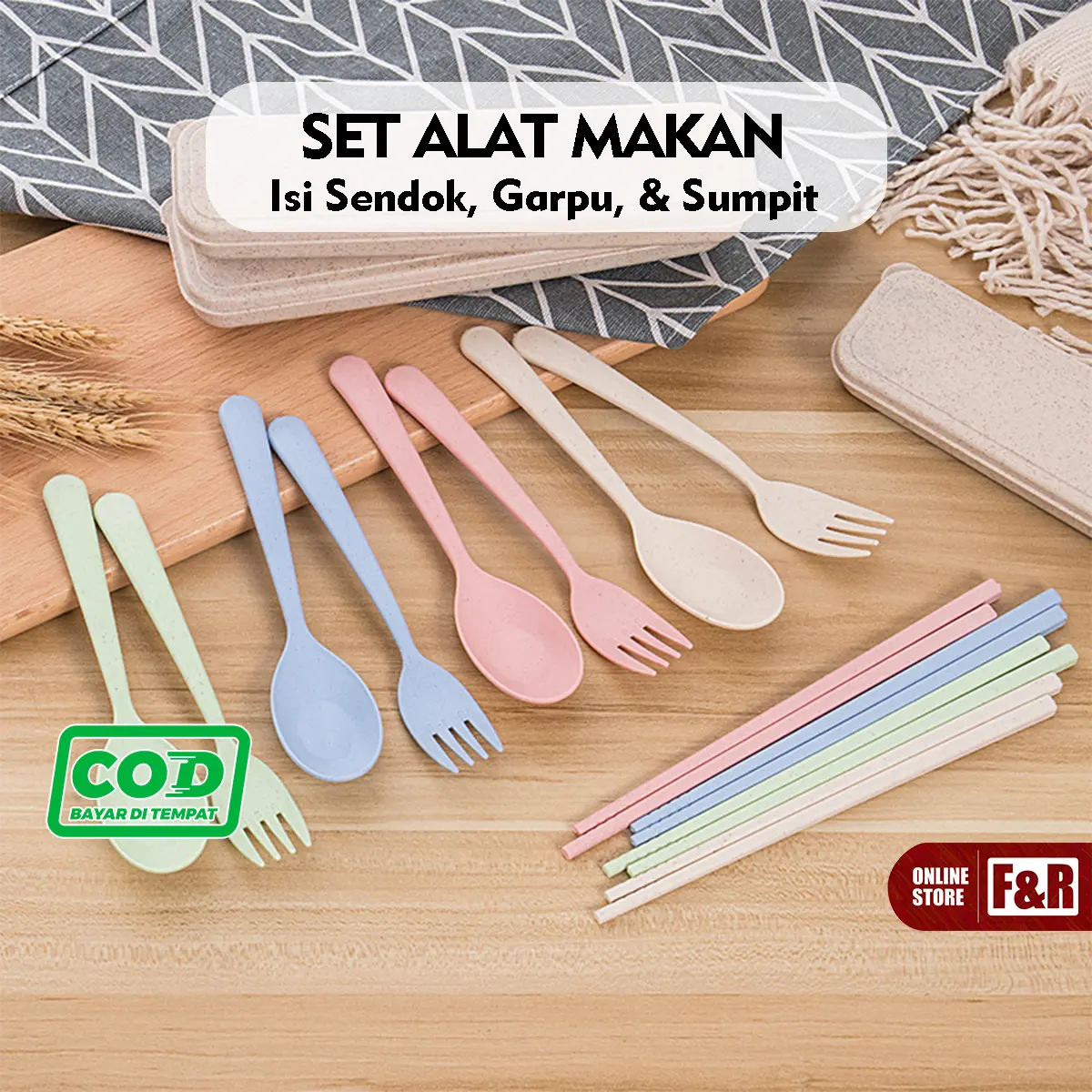 1 Set alat makan 3 in 1 sendok garpu dan sumpit jerami Wheat Straw Portable Travel Cutlery tanpa box