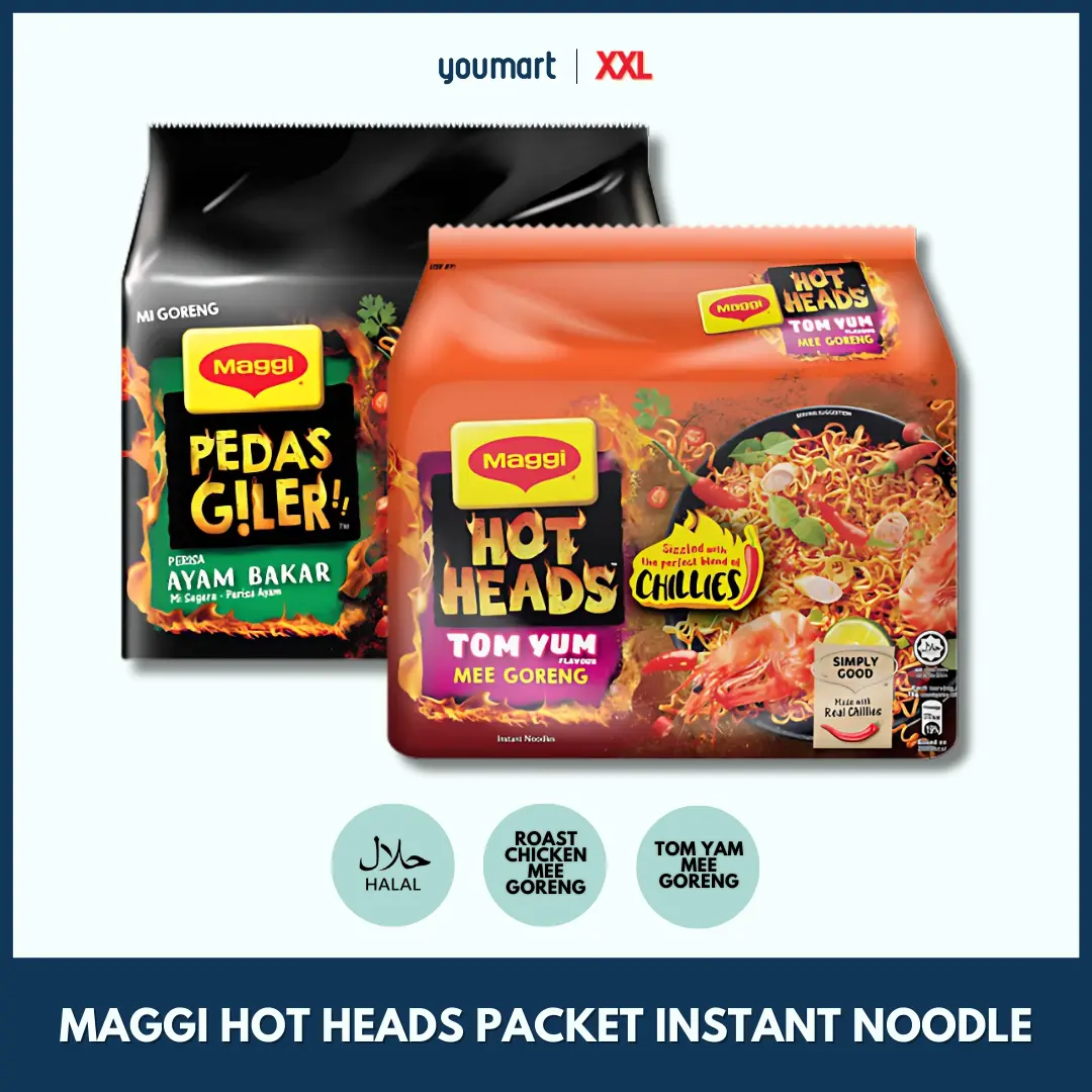 Maggi Hot Heads Packet Instant Noodle • Halal • Roast Chicken Mee Gorang / Tom Yam Mee Goreng • by XXL Store • 10 individual packets
