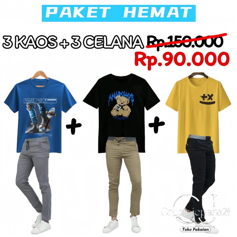 Paket hemat 3 kaos 3 celana panjang chinos pria Dewasa setelan 0