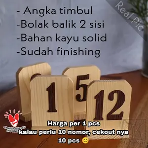 (Harga per 1Pcs) Nomor meja kayu cafe bolak balik ukir angka nomer timbul estetis eceran satuan atau lusin grosir Desk Papan