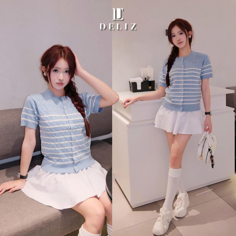 DELIZ - Áo len ngắn tay kẻ ngang vặn thừng cổ tròn phối cúc basic nhiều màu PL46