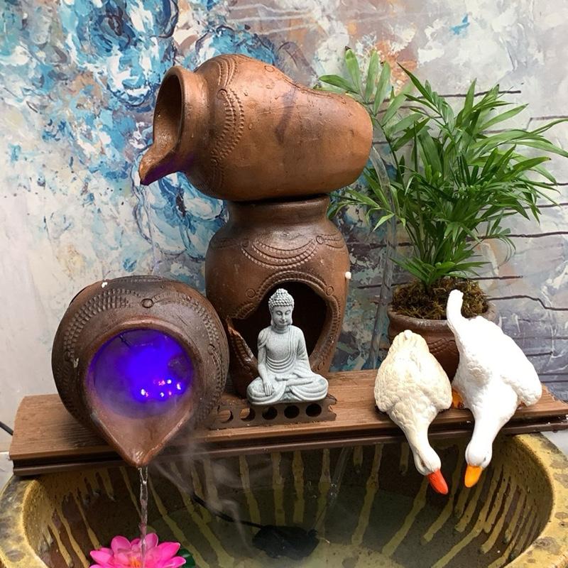 Bộ thác nước tiểu cảnh phật tự tại an nhiên dài 40 cao 25cm chậu 35cm chum 20, phật cây xanh, vịt bơm 7w khói ông câu