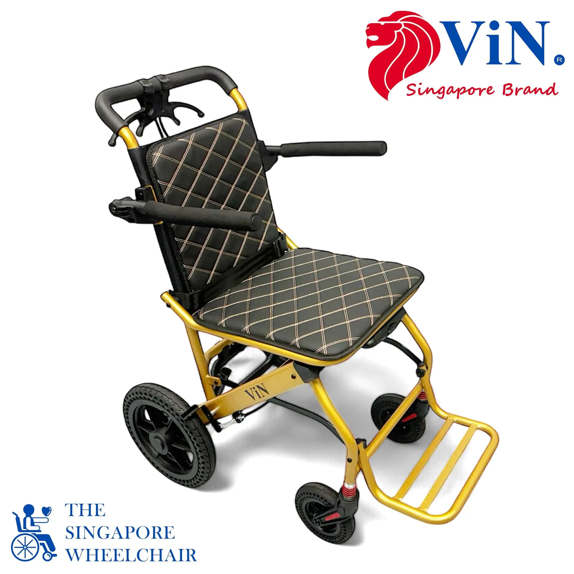 ViN-DA03 Travel Wheelchair with Pull Luggage Handle Hold 100 kg Lightweight 9 kg Full Aluminum Body with Suspension and Easy Clean Wipe Thick Cushion 40 cm Seat Width Armrest & Leg rest flip up for Boutique Design pushchair for Elderly for Plane approved