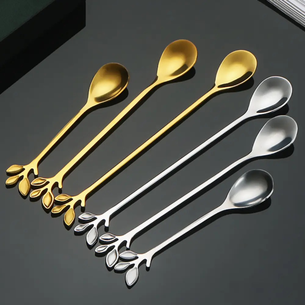 hotop High Quality Stainless Steel Water Cup Stirring Spoons Golden Leaf Shape Coffee Spoon Long Handled Dinnerware Fruit Scraping Spoon Fork
