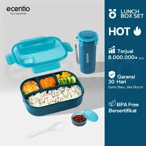 Ecentio Lunch Box Set 2pcs Kotak Makan Portabel Anti Bocor Botol Air 1200ml & 500ml BPA Free Biru/Abu-abu