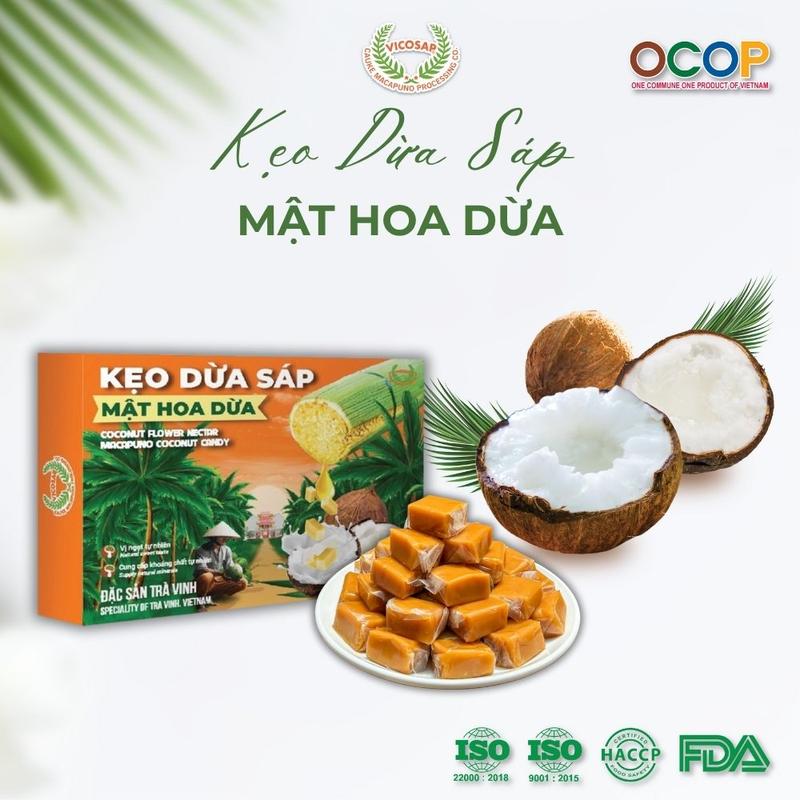 Kẹo dừa sáp VICOSAP mật hoa dừa không đường cát đồ ăn vặt healthy kẹo mềm dẻo đặc sản Trà Vinh