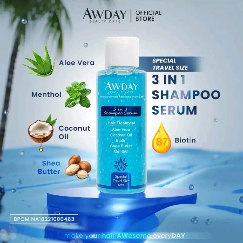 Awday 3in1 Shampoo 100 ml SPESIAL TRAVEL SIZE Serum Hair Treatment BPOM Anti Rontok Anti Ketombe Anti Lepek 3x Lebih Cepat Menumbuh Rambut