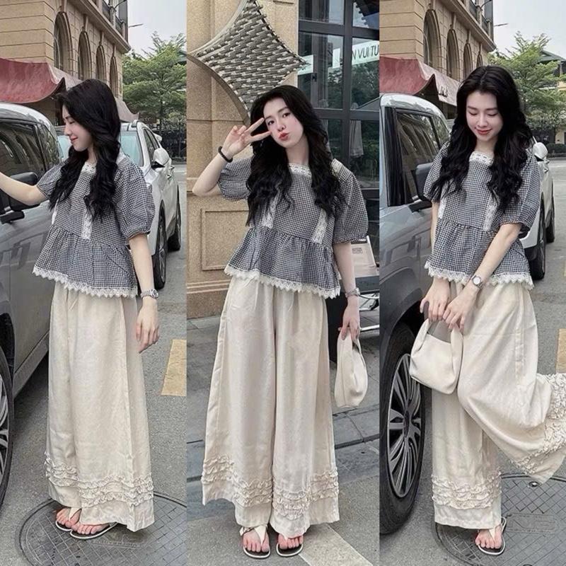 Sét bộ đồ nữ áo babydol size từ 45-64 kg viền ren tay cộc mix quần suông lai chân bèo xinh xắn cho nàng