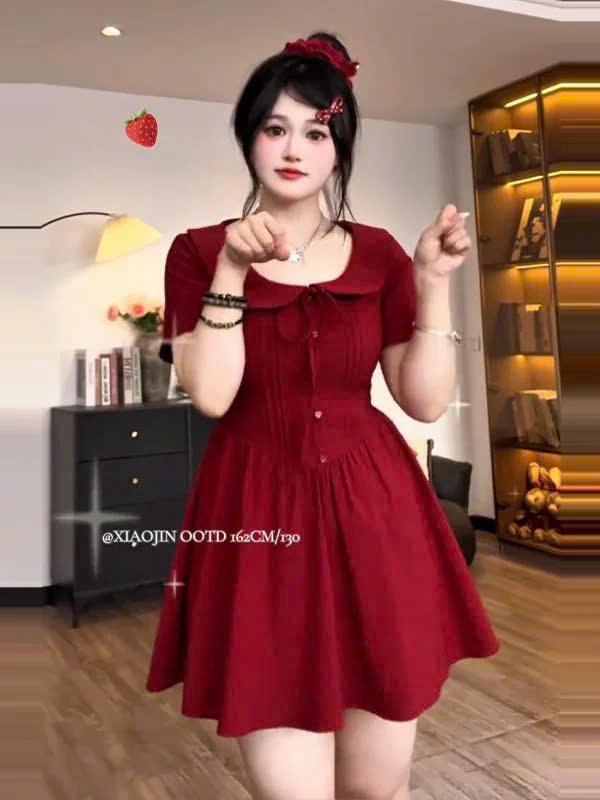  Váy Thiết Kế Nữ D3 Cổ Sen Đính Nút 2 Màu Đen Đỏ Form Dáng Chuẩn Tôn Dáng_Lazy Có Bigsize 