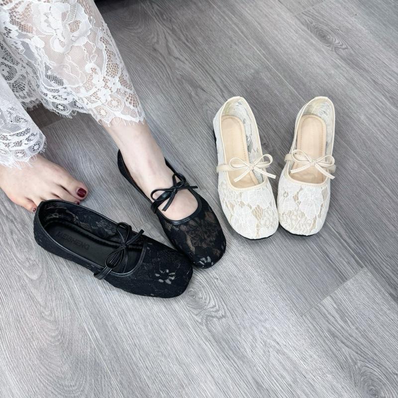    D148- chân gầy lùi 1 size   Giày búp bê nơ  ren lưới ren thêu nổi 2 lớp tiểu thư  đế mềm cao su non mẫu mới 2025 Dép sục Sandal nữ dép dép nữ dép kiểu nữ đẹp 2025 