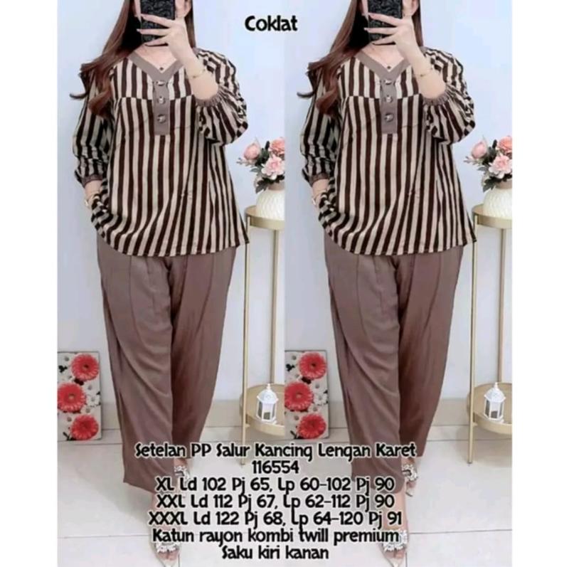 Product Introduction of SETELAN SALUR LD 110 120 130CM XL XXL SETELAN KATUN RAYON TWILL 116554 - SET MOTIF SALUR WANITA jumbo soft peach murah Baju Celana Kancing 3