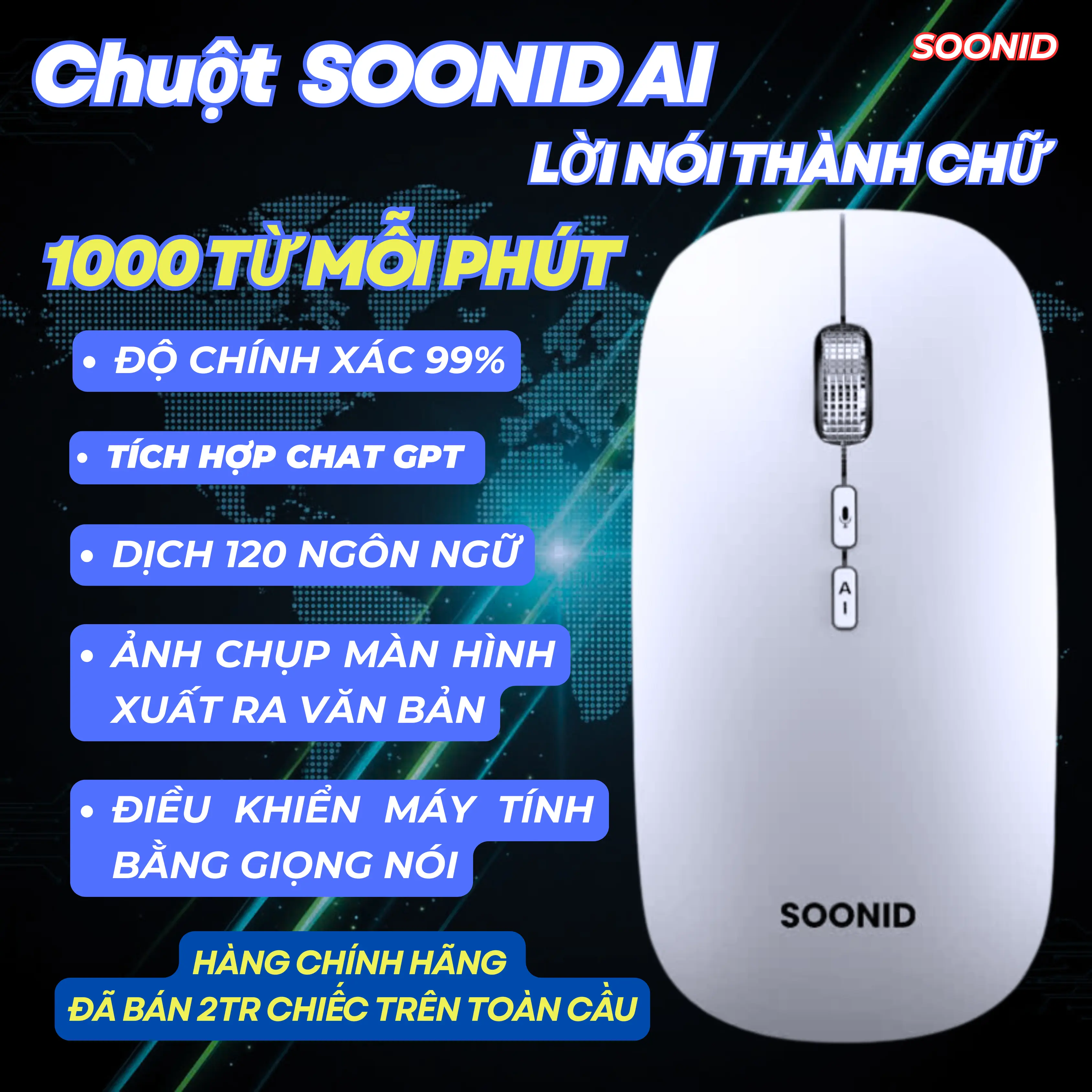 Chuột SOONID AI, Nói Ra Chữ ,Chuyển Giọng Nói Thành Văn Bản, Dịch Thuật Đa Ngôn Ngữ, Chat GPT, Phiên Dịch,Có AI, Không Dây, Bluetooh, Sạc Pin
