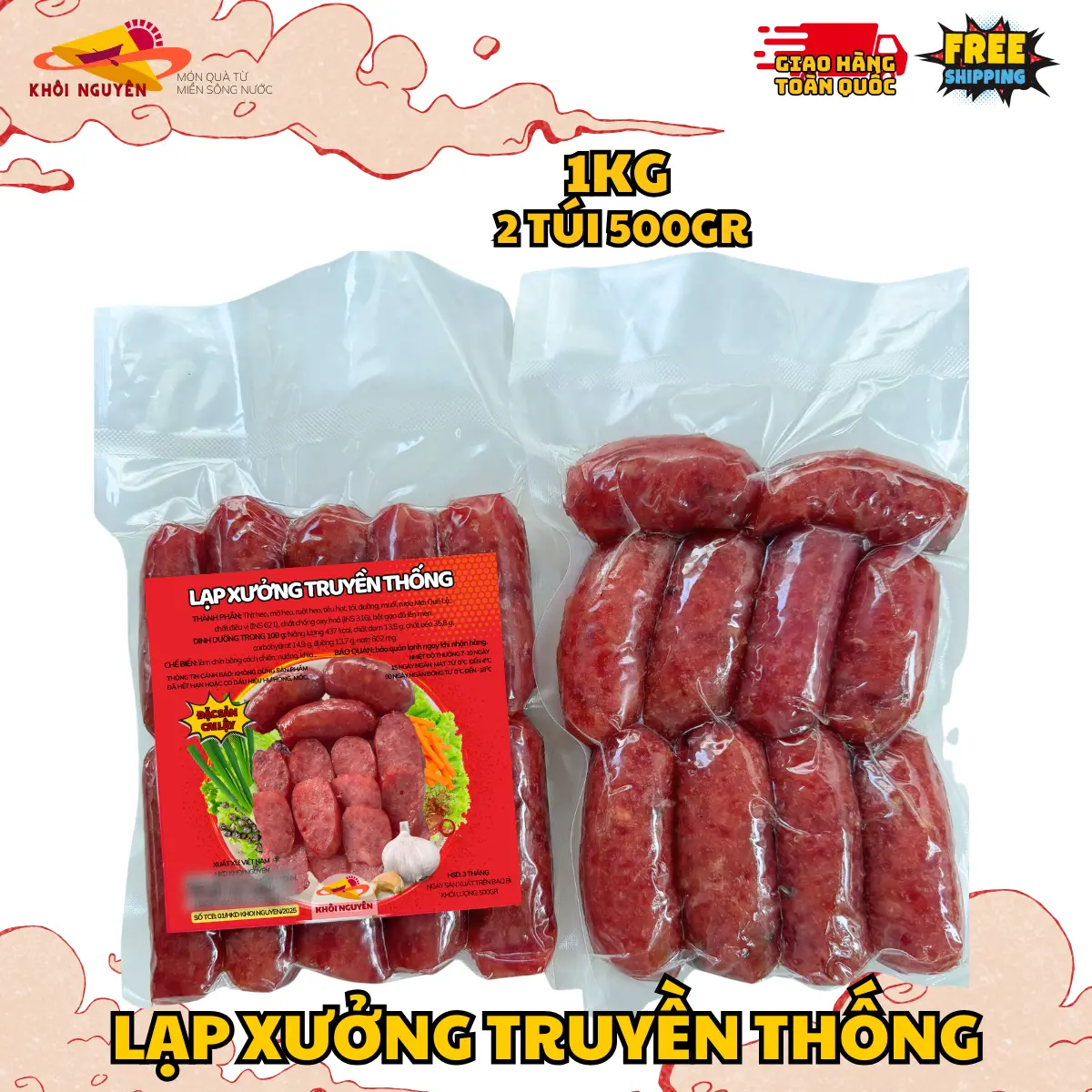 Lạp xưởng truyền thống 1kg [2 túi 500gr] - Khôi Nguyên Food